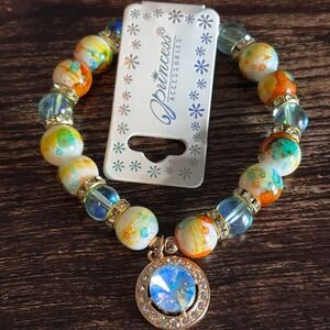 Beaded Stretch Bracelet Multi Color Splatter Rhinestone Blue‎